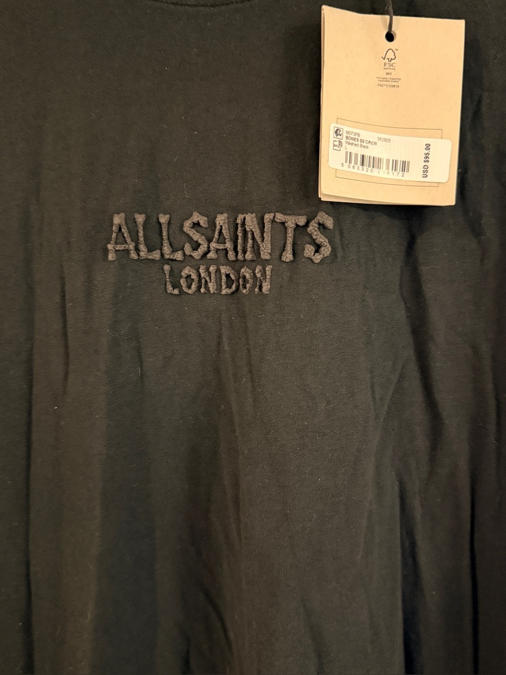 AllSaints Black Bones Short Sleeve Crew T-Shirt Large